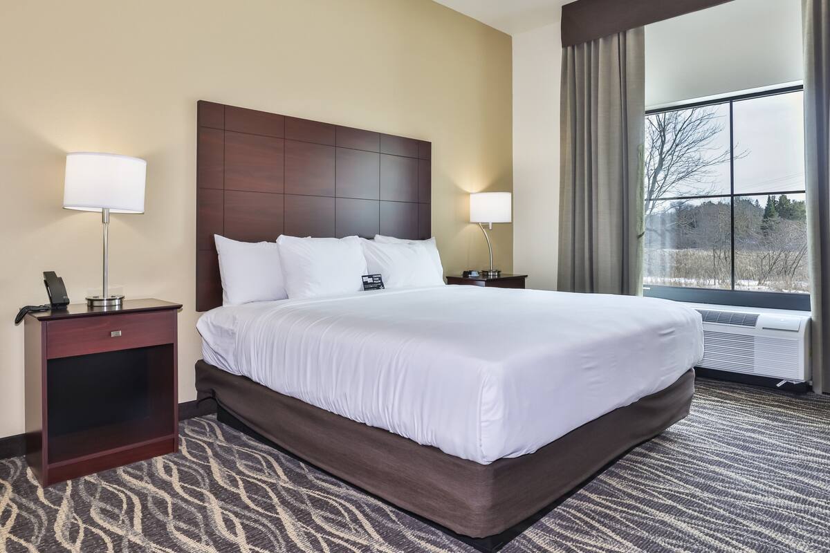 A hotel room with a large bed, two bedside tables, a lamp on each, a window with curtains, and a view of trees.