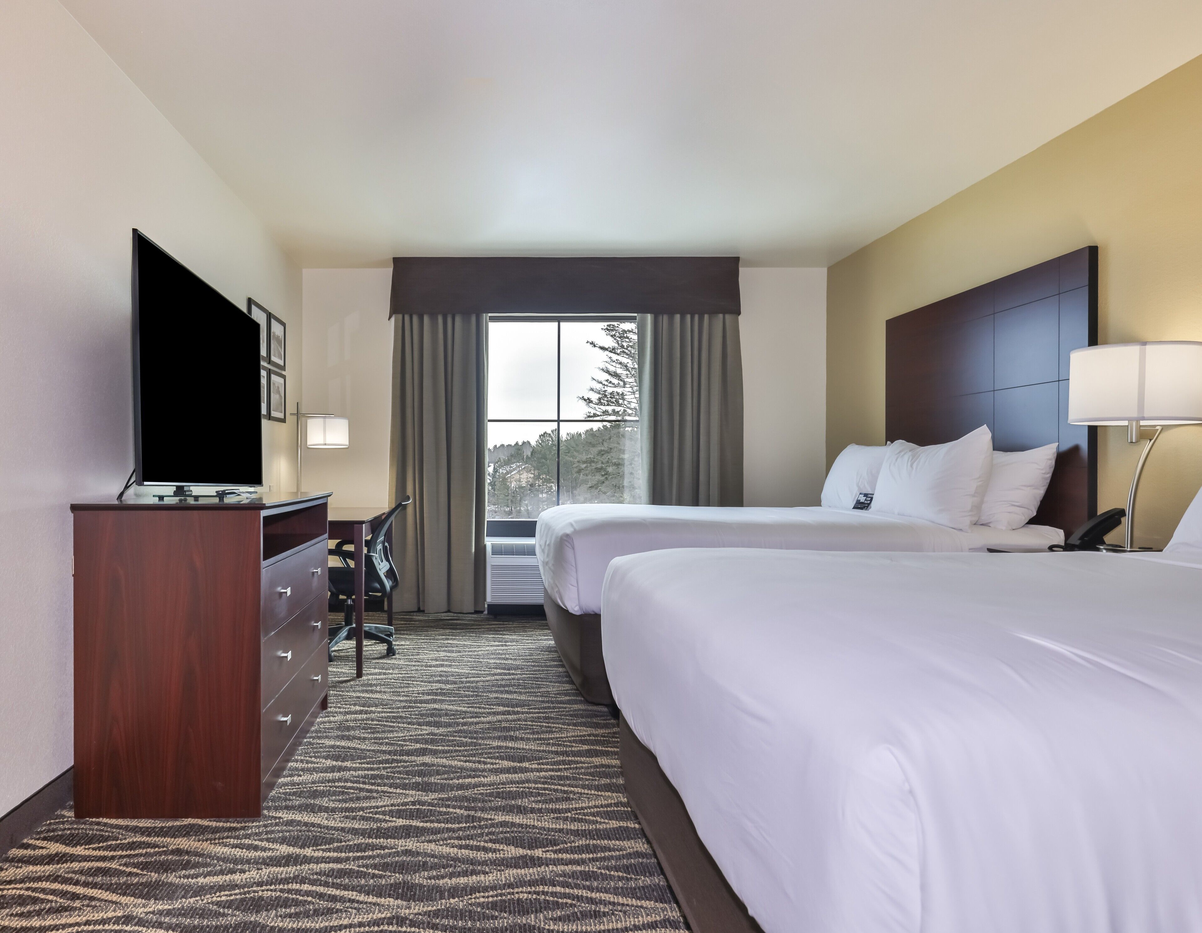 A hotel room with two beds, a desk with a TV, a lamp, and a view of trees through the window.