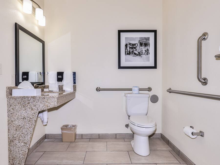Un baño moderno con encimera de granito, un inodoro, un secamanos, un cubo de basura y un cuadro en la pared.