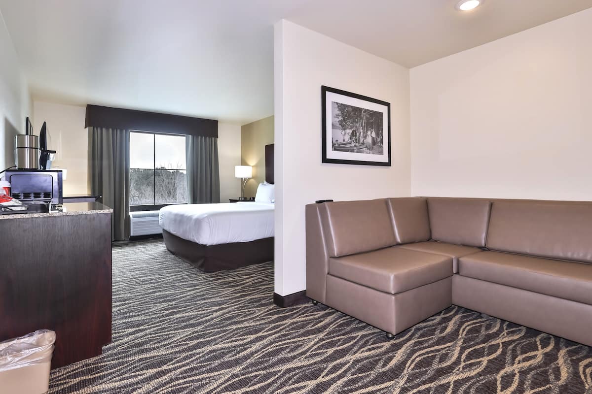 A hotel room with a bed, a sofa, a desk with a computer, a window with curtains, and a framed picture on the wall.