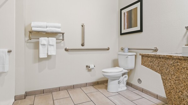 A bathroom with a toilet, grab bars, a towel rack, and a sink with a granite countertop.