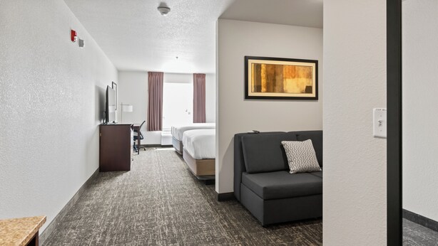 Een hotelkamer met een bed, een bank, een bureau en een televisie.