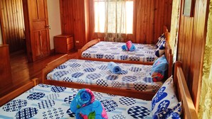A room with two wooden beds, a wooden wardrobe, and a small bedside table. - ROOMS AT AN AMERICAN-STYLE CABIN (Sagada)