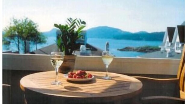 Mesa de madeira redonda com duas taças de vinho e um prato de fruta numa varanda com vista para um corpo de água e montanhas ao longe.