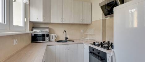Classic Apartment, City View | Private kitchen | Fridge, microwave, oven, stovetop