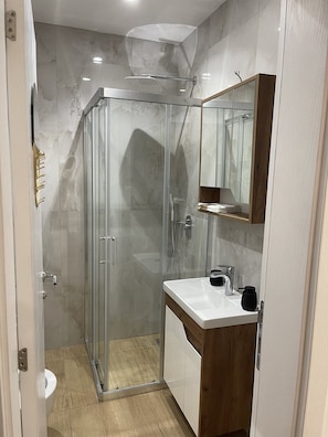 Shower, hair dryer, towels, soap