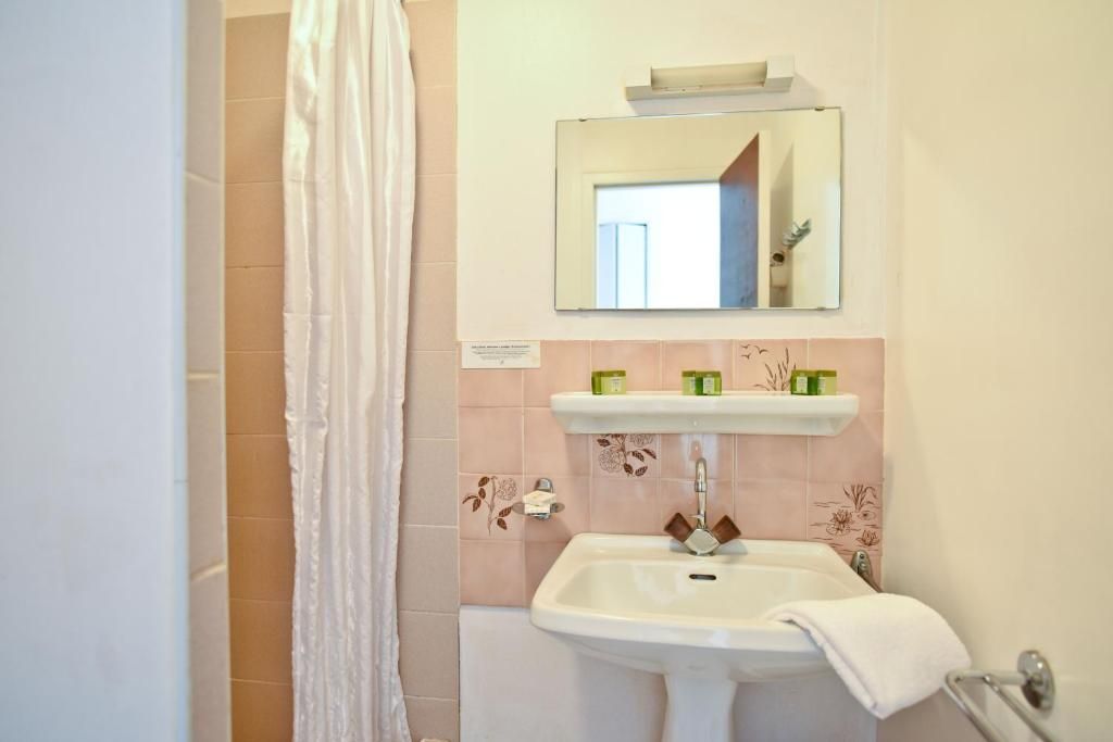 A bathroom with a sink, mirror, and shower curtain.