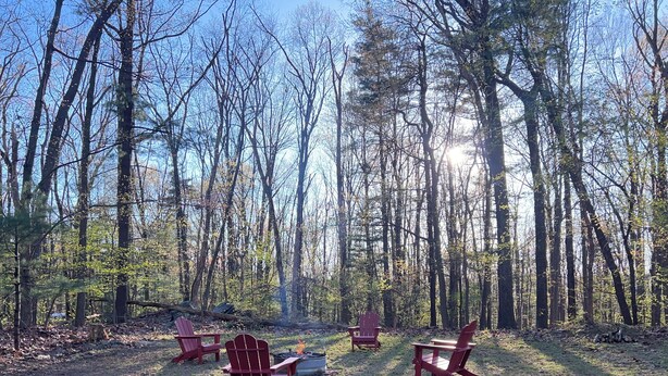A forest clearing with several Adirondack chairs and a fire pit. - Peaceful retreat, 20 minutes from Gettysburg and close to the Appalachian Trail. (Aspers)
