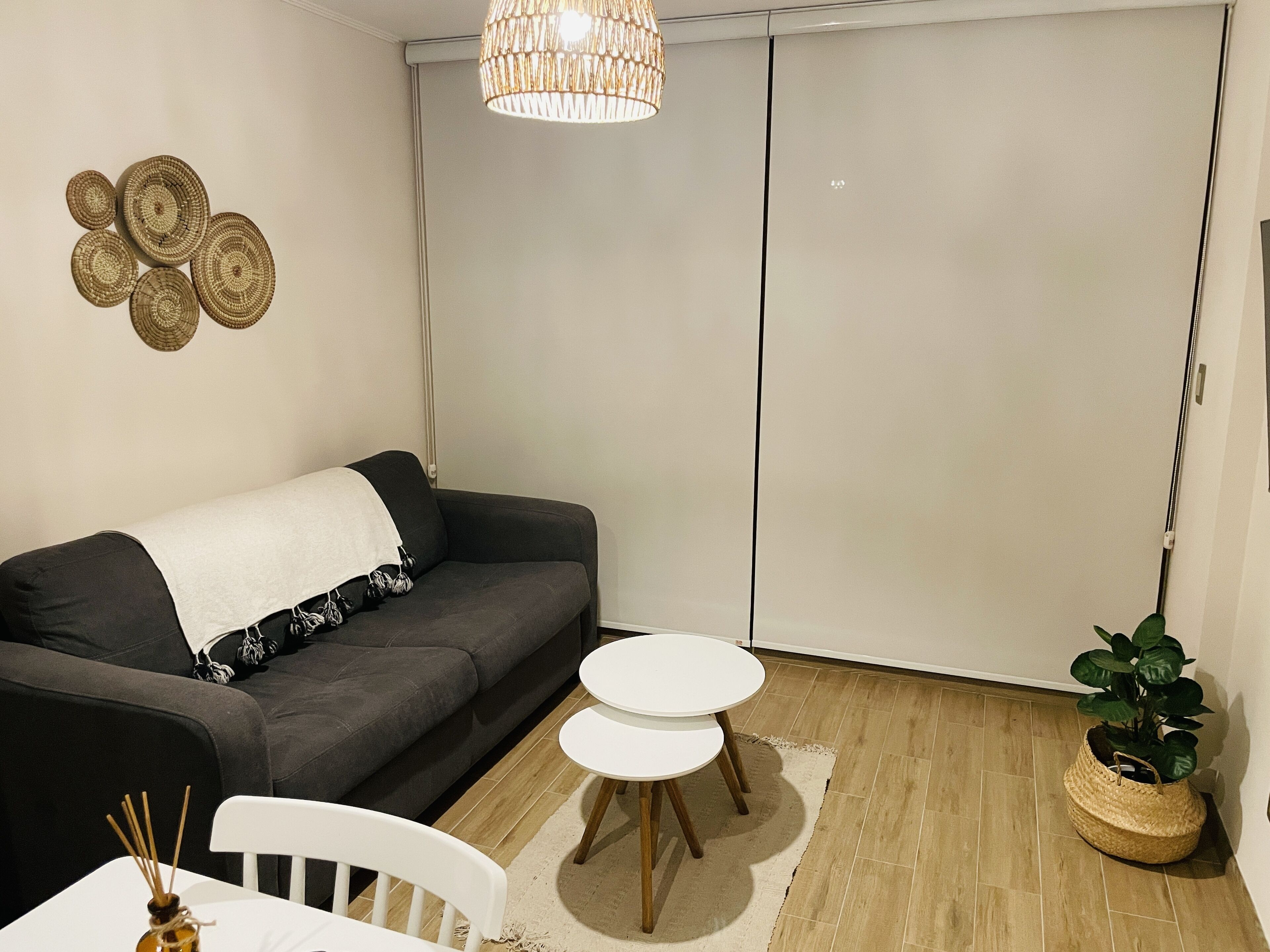 Een moderne woonkamer met een grijze bank, twee witte bijzettafels, een geweven vloerkleed, een hanglamp en een potplant.