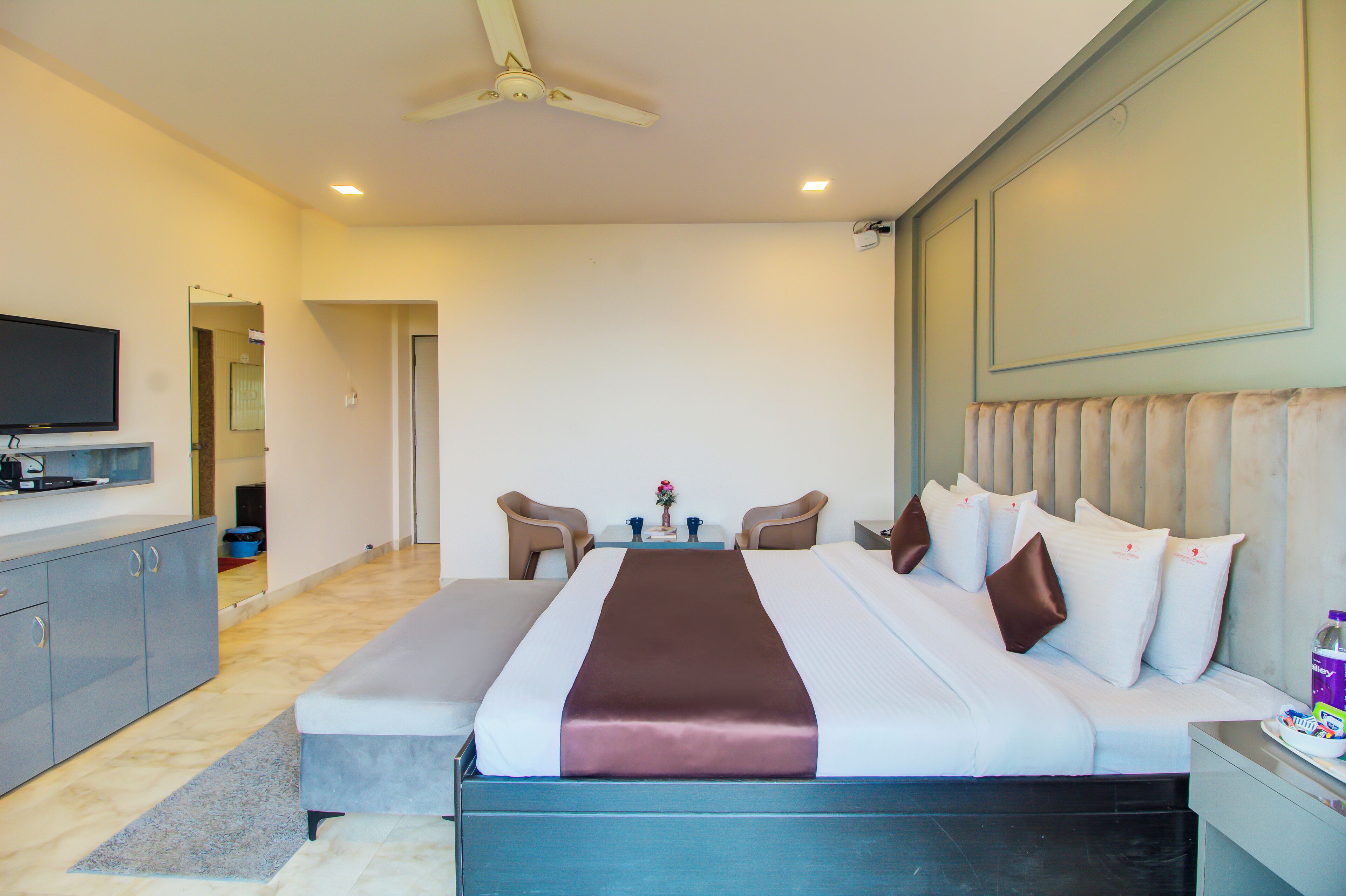 Habitación de hotel con una cama grande, televisión, escritorio y una silla.