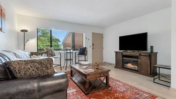 TV connectée, cheminée, livres