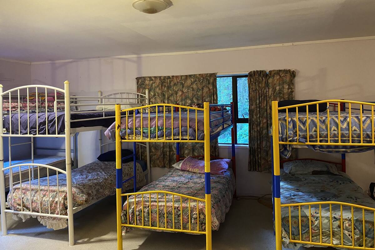 A dormitory room with bunk beds, a window with curtains, and a ceiling light fixture.