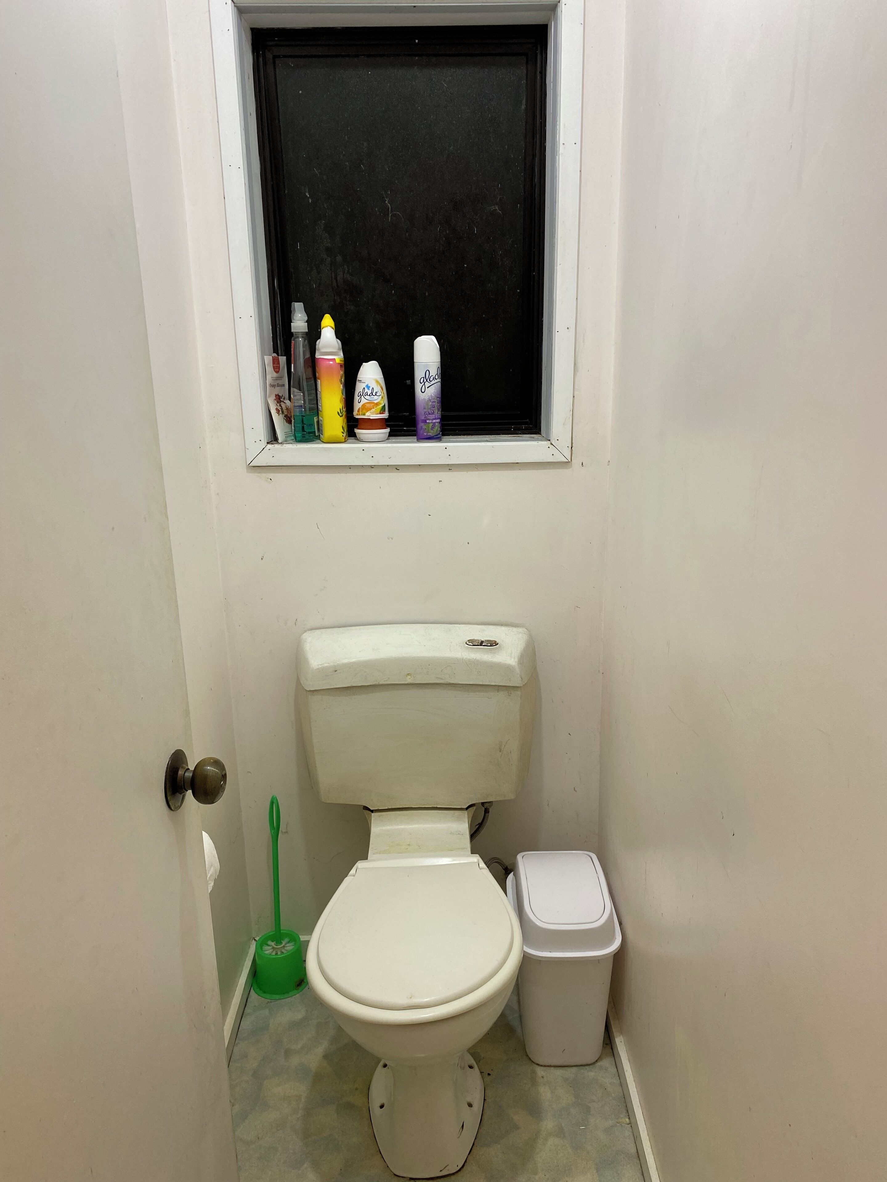 A small bathroom with a toilet, a trash bin, a green cleaning brush, and a window shelf with toiletry bottles.