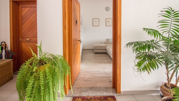 Un pasillo que conduce a un área de estar con un sofá, puertas de madera y plantas en macetas.
