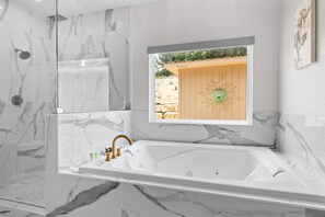 Shower, jetted tub, hair dryer, towels