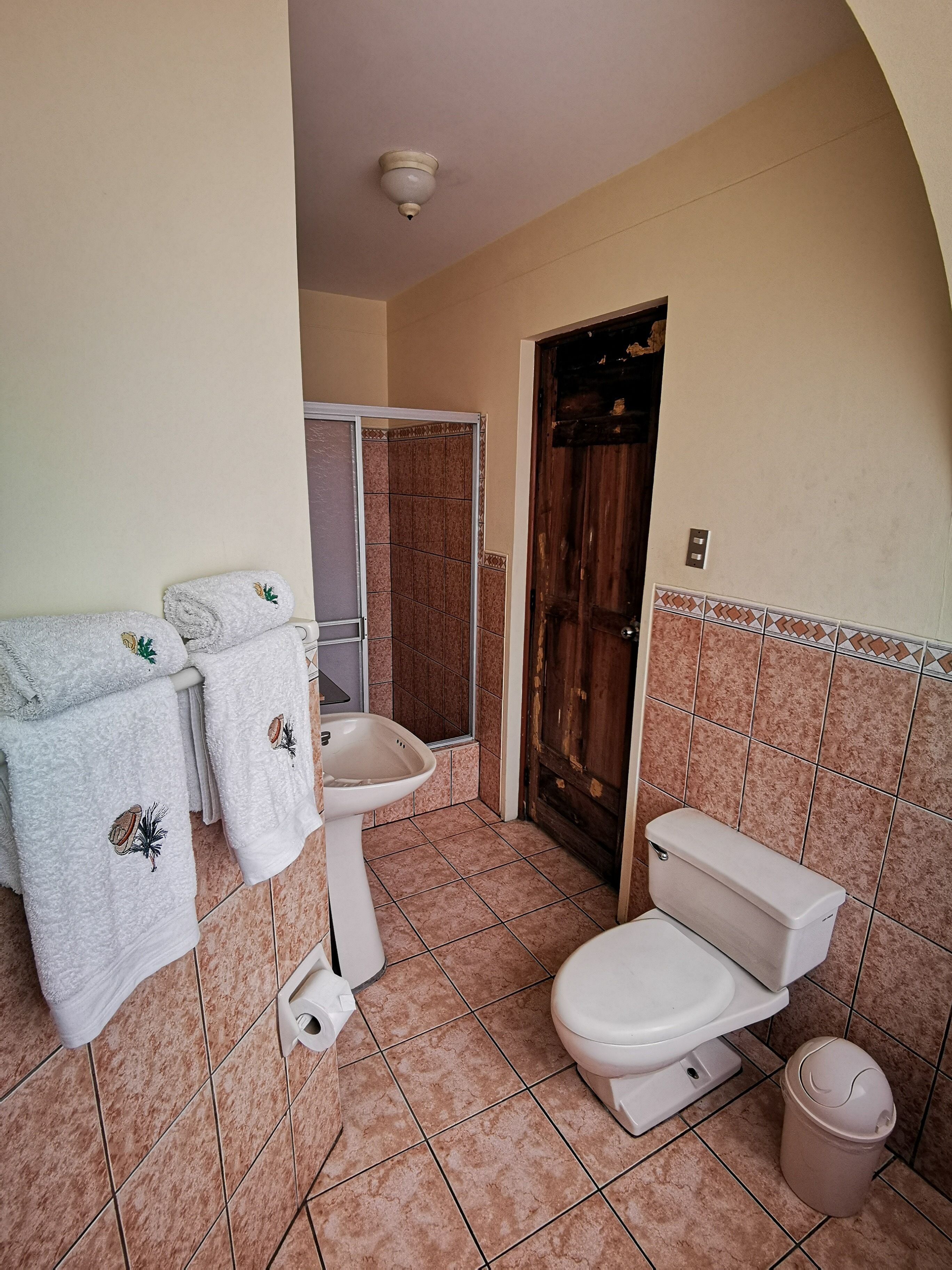 A bathroom with a toilet, sink, and shower.