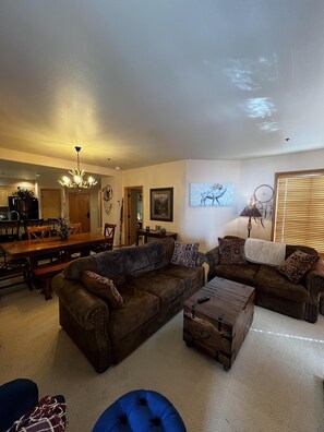 TV, fireplace, books - Experience Comfort and Convenience at Kendall 337, 2-bedroom condo in the heart of Purgatory Village (Durango)