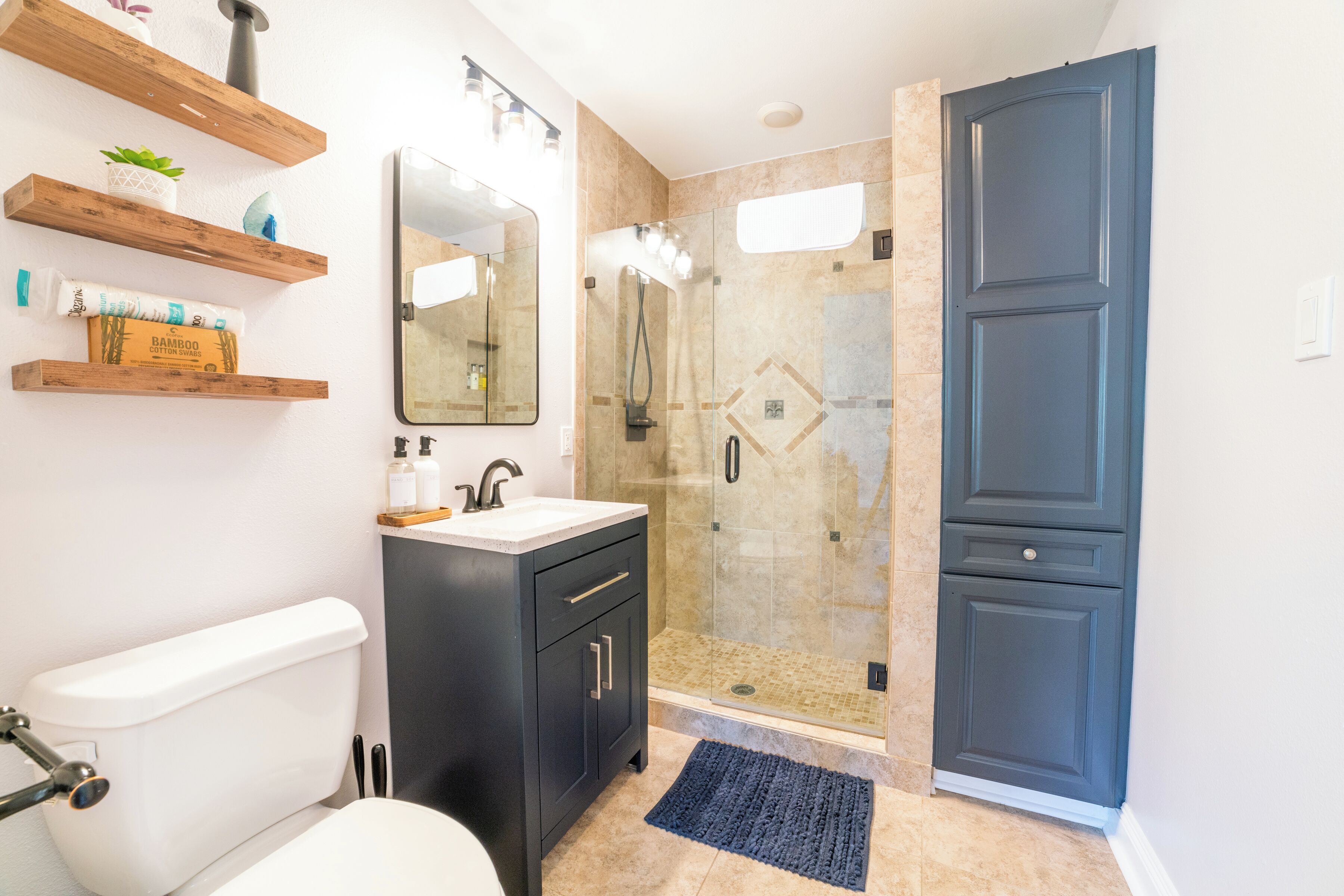 Hair dryer, towels, soap, toilet paper