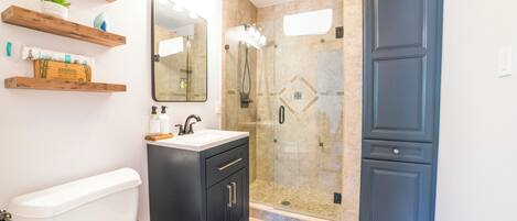Hair dryer, towels, soap, toilet paper