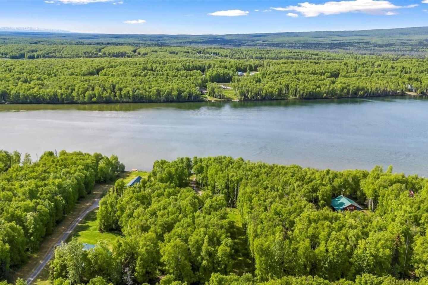 A lakeside property with dense forest, a road, and a small cabin.