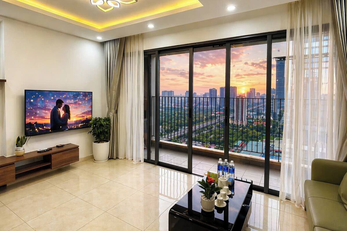 A modern living room with a large TV, a coffee table, and a balcony with a city view.