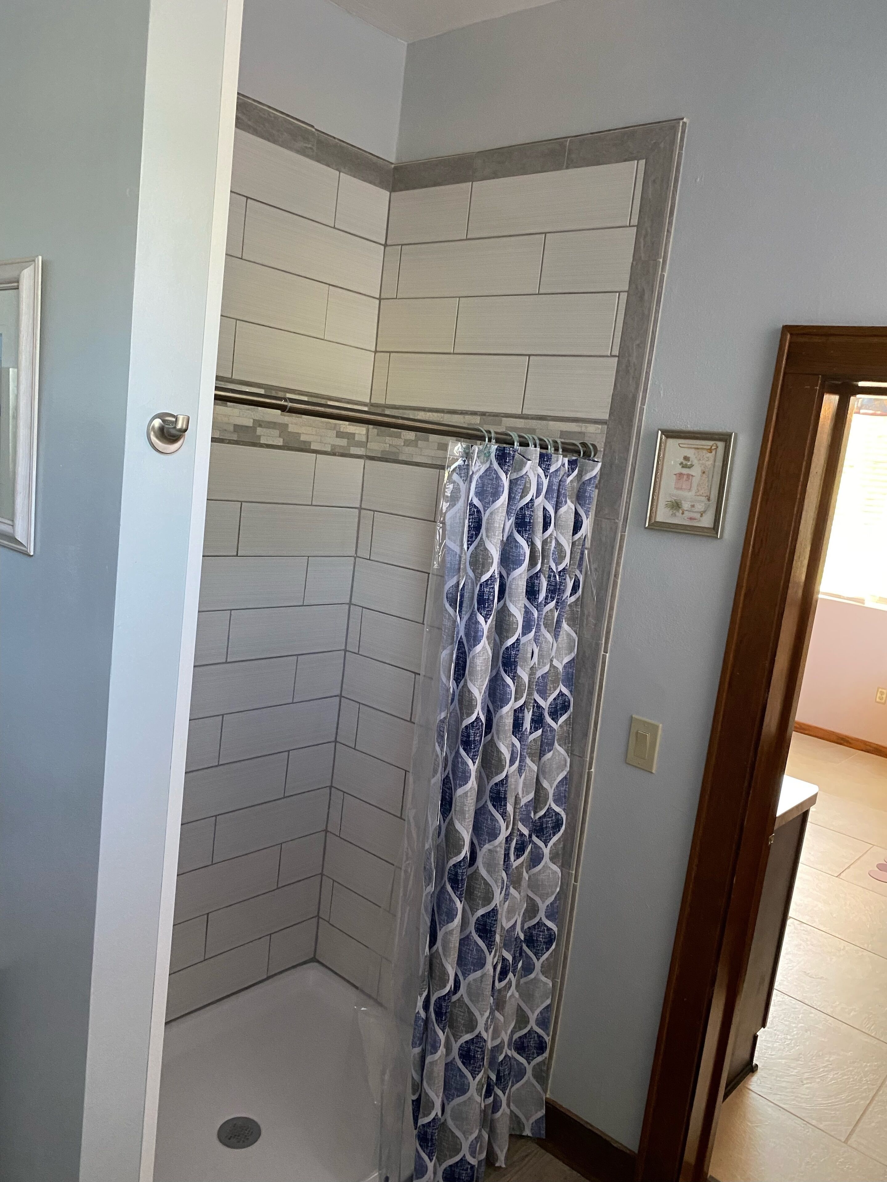 Shower, towels, toilet paper