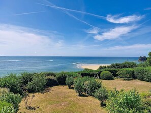 Eine Küstenlandschaft mit Strand, üppiger Vegetation und blauem Himmel.