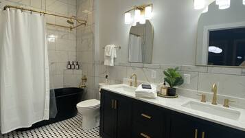 Hair dryer, towels, soap, shampoo