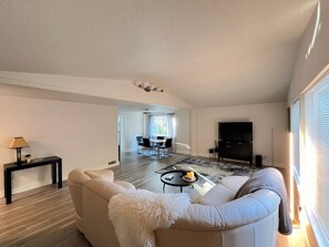 Smart TV, fireplace, books, stereo