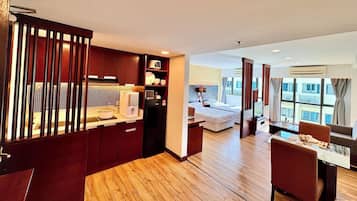 Exclusive Apartment, 2 Double Beds, Kitchen, Pool View | Living area