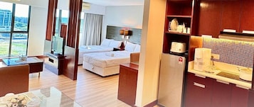 Exclusive Apartment, 2 Double Beds, Kitchen, Pool View | Desk, laptop workspace, soundproofing, iron/ironing board