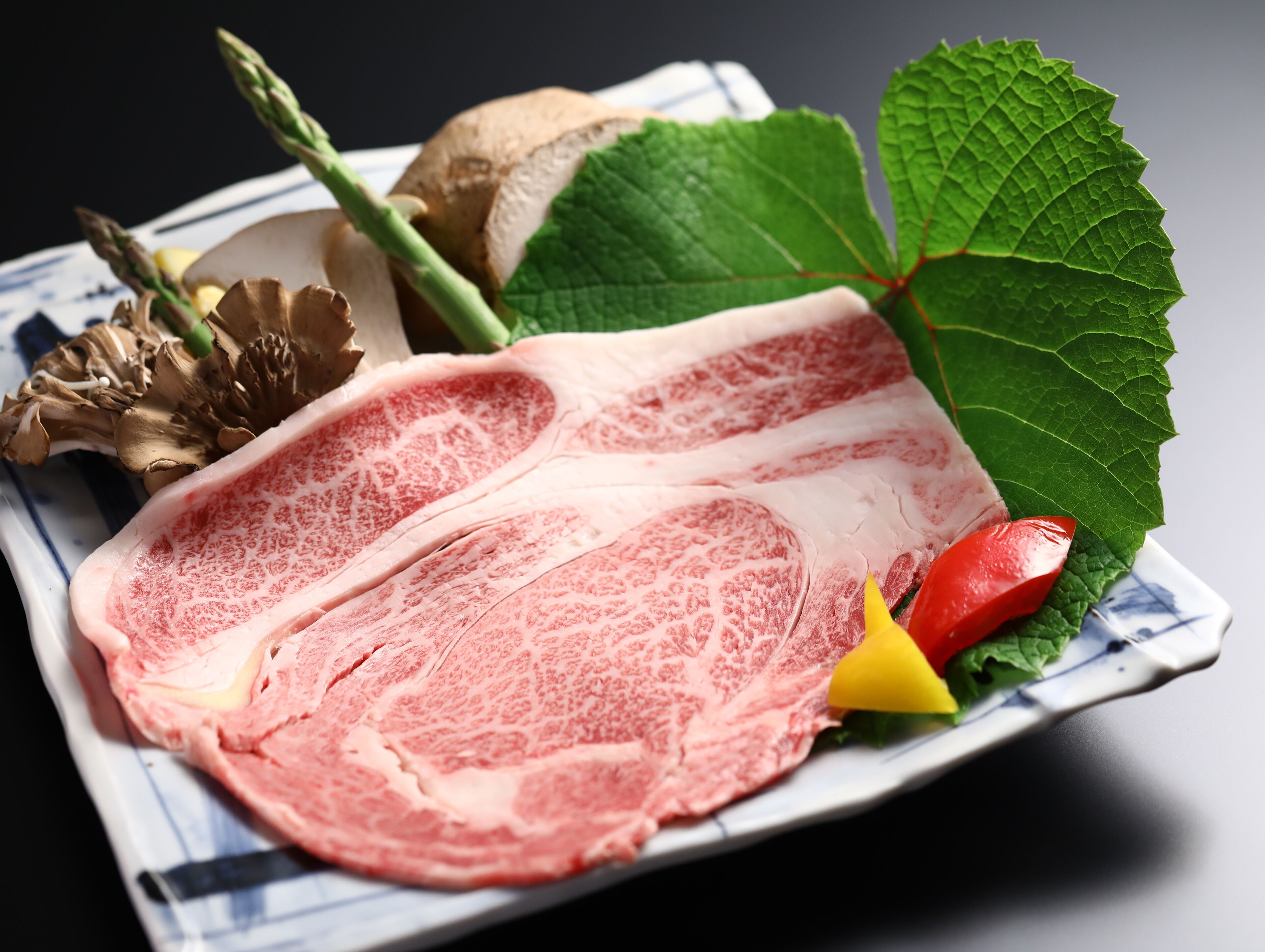 A plate with raw meat, mushrooms, and vegetables.