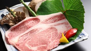 A plate with raw meat, mushrooms, and vegetables.