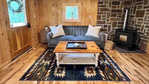 Una sala de estar acogedora con piso de madera, un sofá gris con almohadones blancos, una mesa de centro de madera, un tapete estampado, una pared de piedra y un estufa de leña.