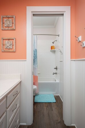 Hair dryer, towels, soap, shampoo