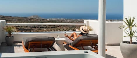 A rooftop terrace with a hot tub, lounge chairs, and potted plants.