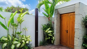 Une entrée moderne avec une porte en bois, un mur en pierre et des plantes tropicales.