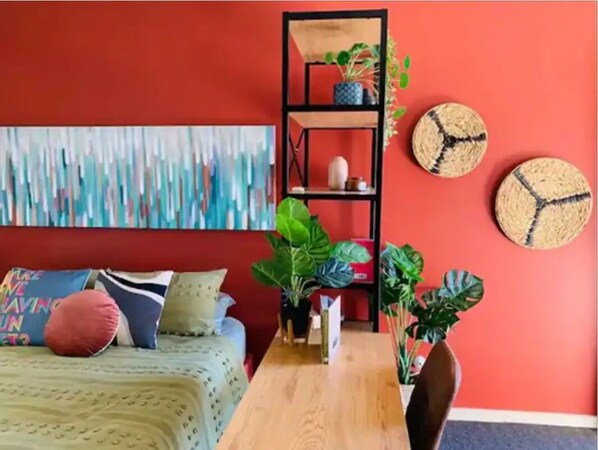 1 bedroom, desk, iron/ironing board, bed sheets