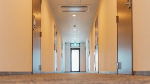 A hotel hallway with a carpeted floor, doors on both sides, and an exit sign on the ceiling. - HAOSTAY KAWAGUCHIKO ART MUSEUM. (Fujikawaguchiko)