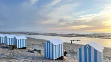 On the beach, sun loungers