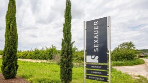 Un letrero con 'SEXAUER' y los siguientes servicios: VIÑEDO, CAMPING, VENTA DE VINOS.