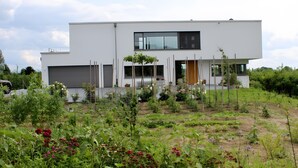 Una casa moderna de dos pisos con garaje, rodeada por un jardín con diversas plantas y flores.