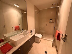 Shower, hair dryer, towels