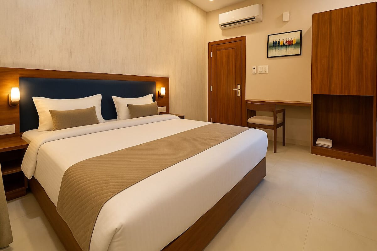 Ein Hotelzimmer mit einem großen Bett, einem Schreibtisch und einem Kleiderschrank.
