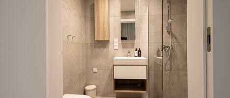 Un baño moderno con cabina de ducha de vidrio, inodoro y tocador con espejo y espacio de almacenamiento.