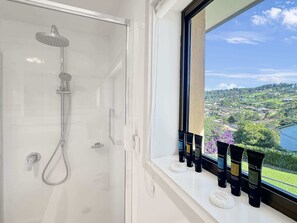 Shower, hair dryer, towels