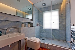 Shower, hair dryer, towels, soap