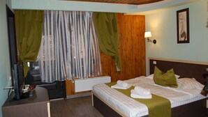 Une chambre à coucher avec un lit, un bureau, une télévision et un radiateur.