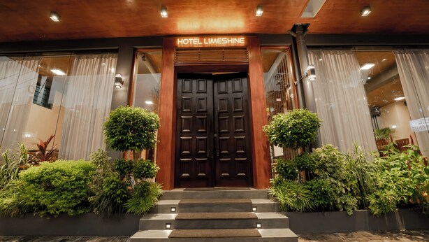 Entrada de un hotel con una puerta doble de madera oscura, un letrero arriba que dice "HOTEL LIMESHINE", y una escalera que sube hacia la entrada.