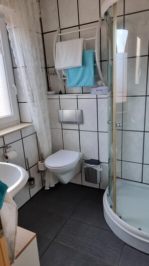 Chuveiro, secador de cabelo, toalhas de banho 